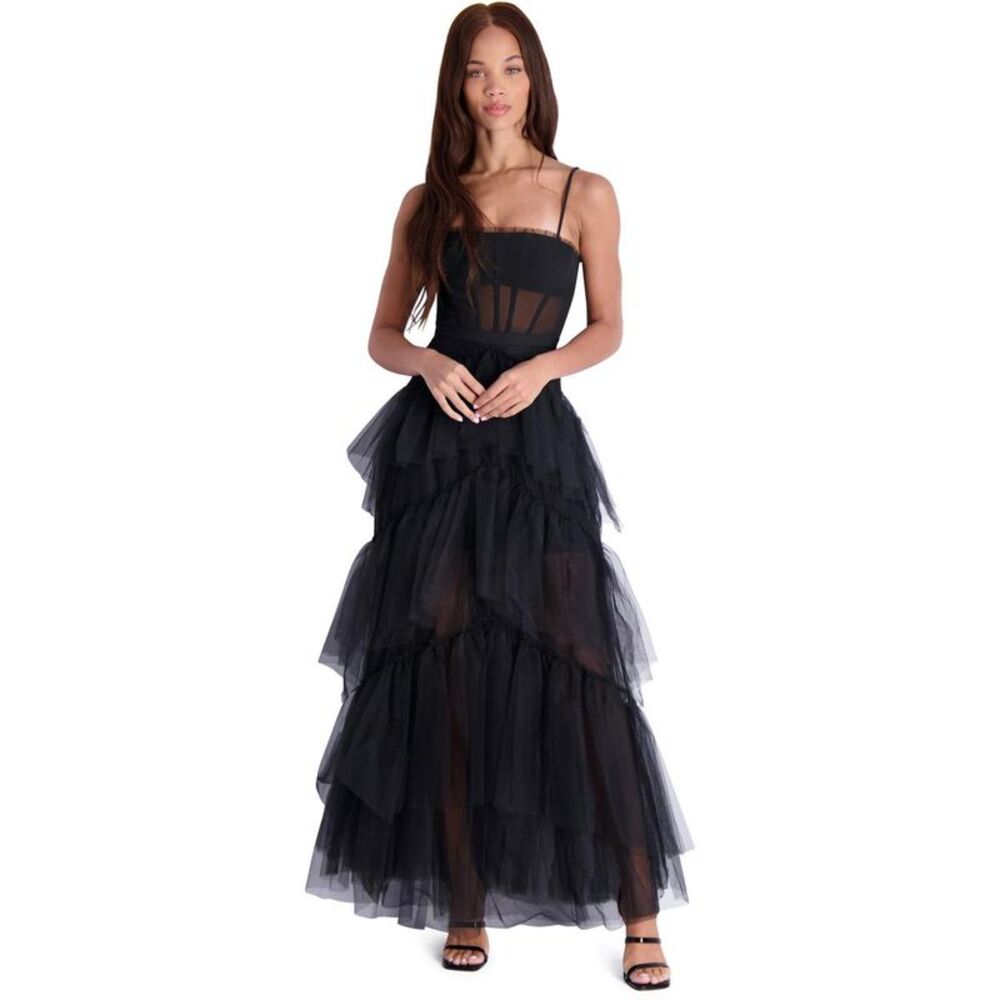 BCBG Max Azria Oly Women’s Tiered Ruffle Tulle Sleeveless Corset Evening Gown - Picture 2 of 6